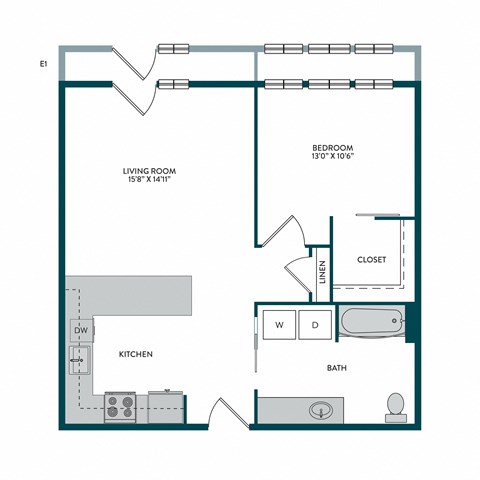 Floor plan for 1 bed, 1 bath, 704 sqft